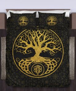 Viking Quilt Bedding Set Yggdrasil Inside The Circle And Rune Gold