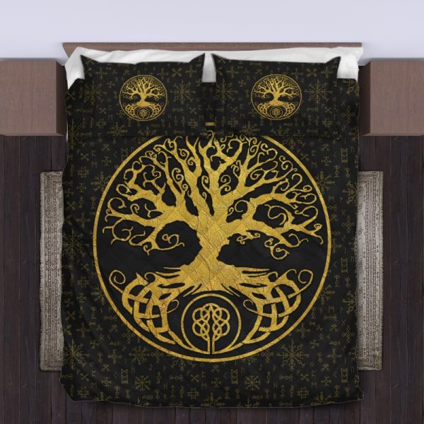 Viking Quilt Bedding Set Yggdrasil Inside The Circle And Rune Gold