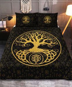 Viking Quilt Bedding Set Yggdrasil Inside The Circle And Rune Gold