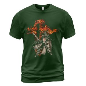 Knights Templar T-shirt Warrior And Fiery Cross Forest Green