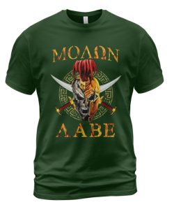 Spartan T-shirt Slogan Molon Labe Skull Helmet Forest Green