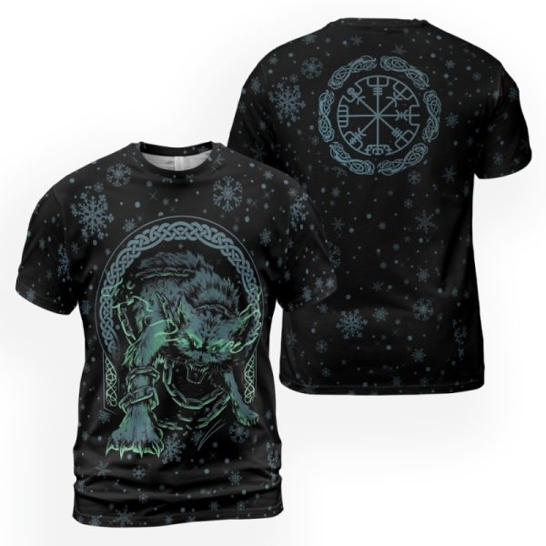 Viking T-Shirt Fenrir Wolf Design Winter With Snowflakes 2