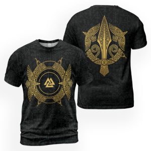 Viking T-shirt Raven Spear Of Odin Gungnir Golden Color Design 2
