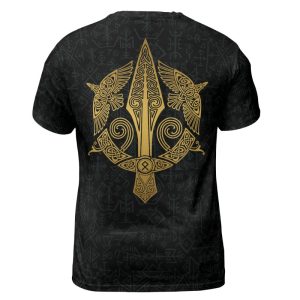 Viking T-shirt Raven Spear Of Odin Gungnir Golden Color Design Back