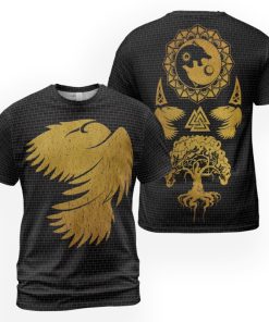 Viking T-Shirt Yin Yang Wolf Raven Yggdrasil Gold 2