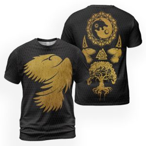 Viking T-Shirt Yin Yang Wolf Raven Yggdrasil Gold 2