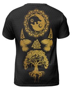 Viking T-Shirt Yin Yang Wolf Raven Yggdrasil Gold Back