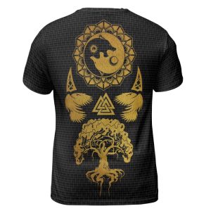 Viking T-Shirt Yin Yang Wolf Raven Yggdrasil Gold Back