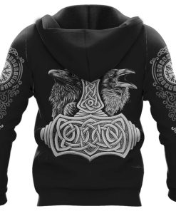 Viking Hoodie Old Norse Raven Hammer Rune Back