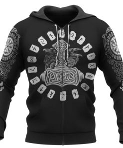 Viking Hoodie Old Norse Raven Hammer Rune Zip