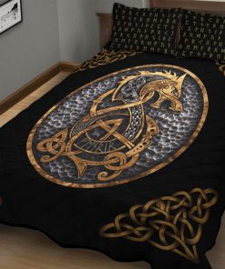 Viking Quilt Bedding Set Nordic Fenrir Wolf Gold With Rune 1