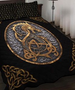 Viking Quilt Bedding Set Nordic Fenrir Wolf Gold With Rune 2