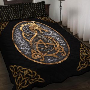 Viking Quilt Bedding Set Nordic Fenrir Wolf Gold With Rune 2