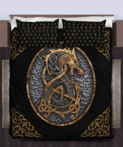 Viking Quilt Bedding Set Nordic Fenrir Wolf Gold With Rune 3