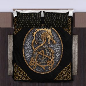 Viking Quilt Bedding Set Nordic Fenrir Wolf Gold With Rune 3