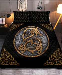 Viking Quilt Bedding Set Nordic Fenrir Wolf Gold With Rune