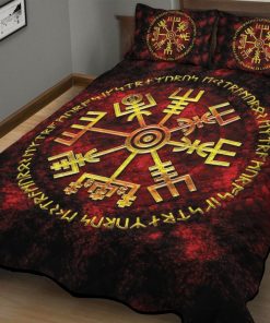 Viking Quilt Bedding Set Gold Vegvisir And Rune In Fire 1