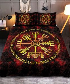 Viking Quilt Bedding Set Gold Vegvisir And Rune In Fire