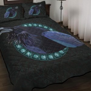 Viking Quilt Bedding Set Raven In A Circle Of Shining Runes 2
