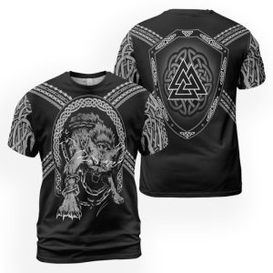 Viking T-shirt The Binding of Fenrir And Valknut Shield 2