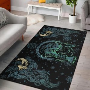 Viking Area Rug Fenrir Norse Wolf And Ravens