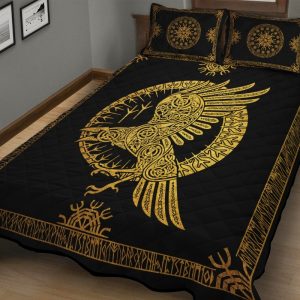 Viking Quilt Bedding Set Ravens in Celtic Gold 1