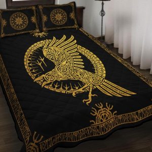 Viking Quilt Bedding Set Ravens in Celtic Gold 2