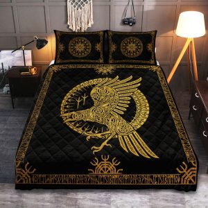 Viking Quilt Bedding Set Ravens in Celtic Gold