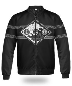 Viking Bomber Jacket Hati and Skoll Valknut Shield Line Art Front