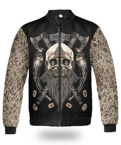 Viking Bomber Jacket Beard Skull With Axe Valhalla Front