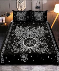 Viking Quilt Bedding Set Huginn Muninn Odin's Ravens Vegvisir