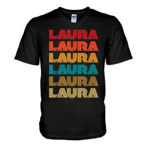 laura name retro given name colorful inline v neck t shirt