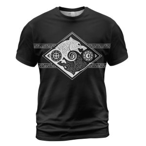 Viking T-shirt Hati and Skoll Valknut Shield Line Art Front