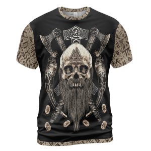 Viking T-shirt Beard Skull With Axe Valhalla Front