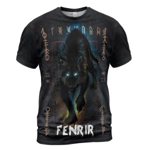 Viking T-shirt Fenrir And Odin Graphic Art Front