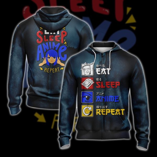 Eat Sleep Anime Repeat Unisex 3D T-shirt Zip Hoodie XS