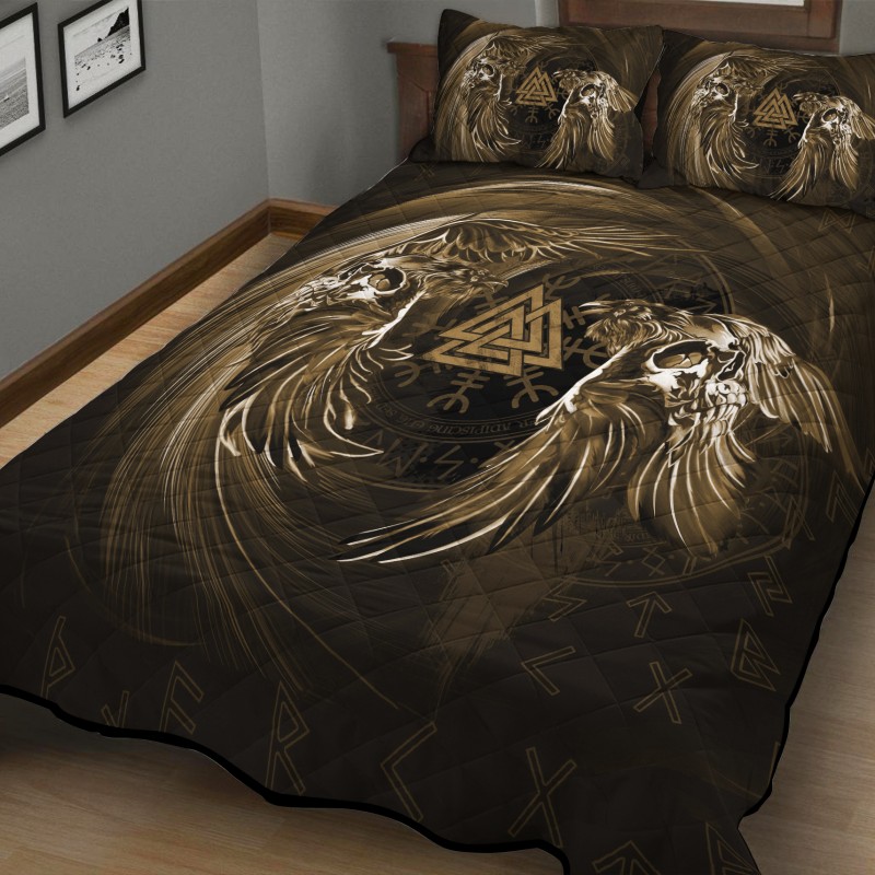 Viking Quilt Bedding Set Raven Valknut Brown Vintage 1