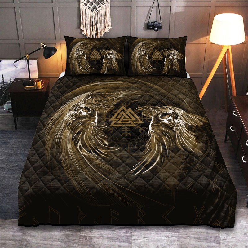 Viking Quilt Bedding Set Raven Valknut Brown Vintage