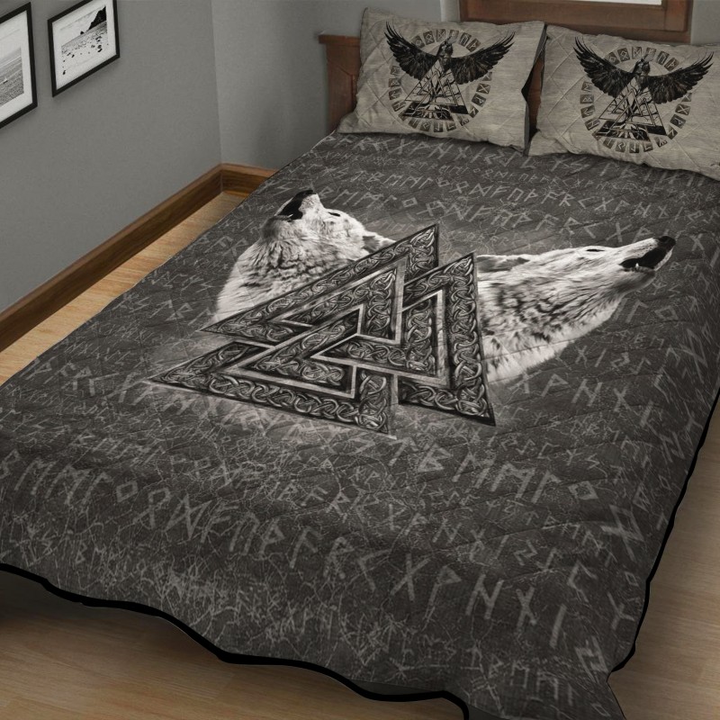 Viking Quilt Bedding Set Wolves With Valknut