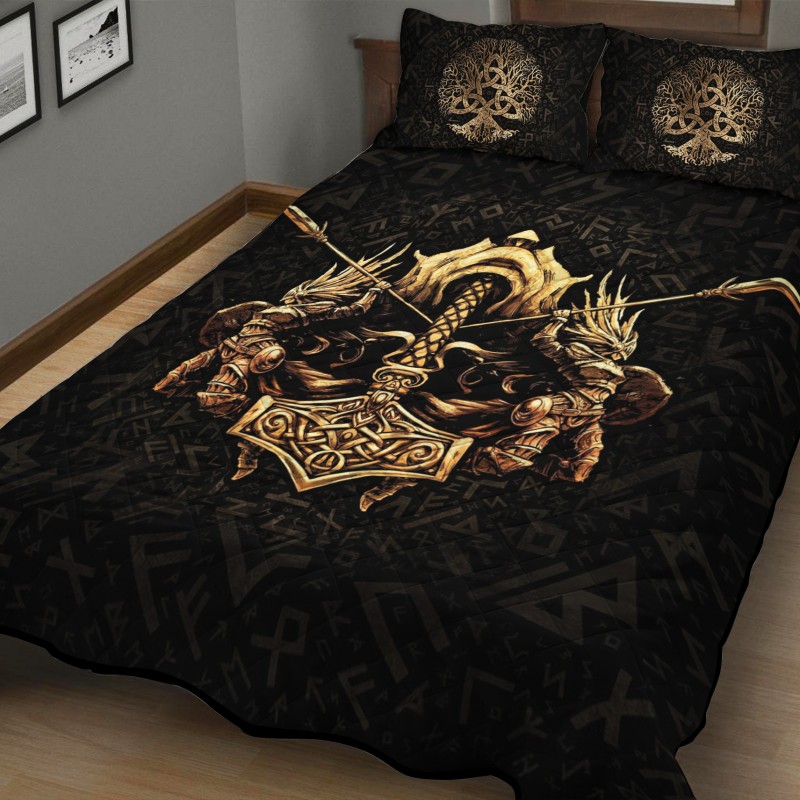 Viking Quilt Bedding Set Warrior Mjölnir Hammer