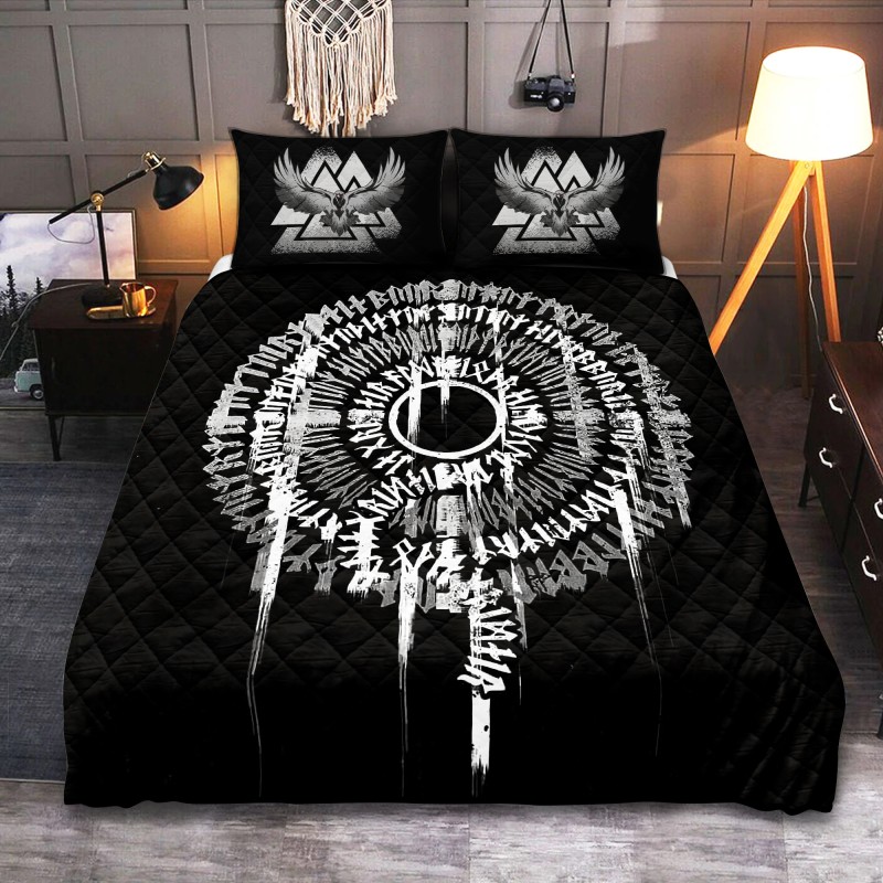 Viking Quilt Bedding Set Ravens And Rune Art