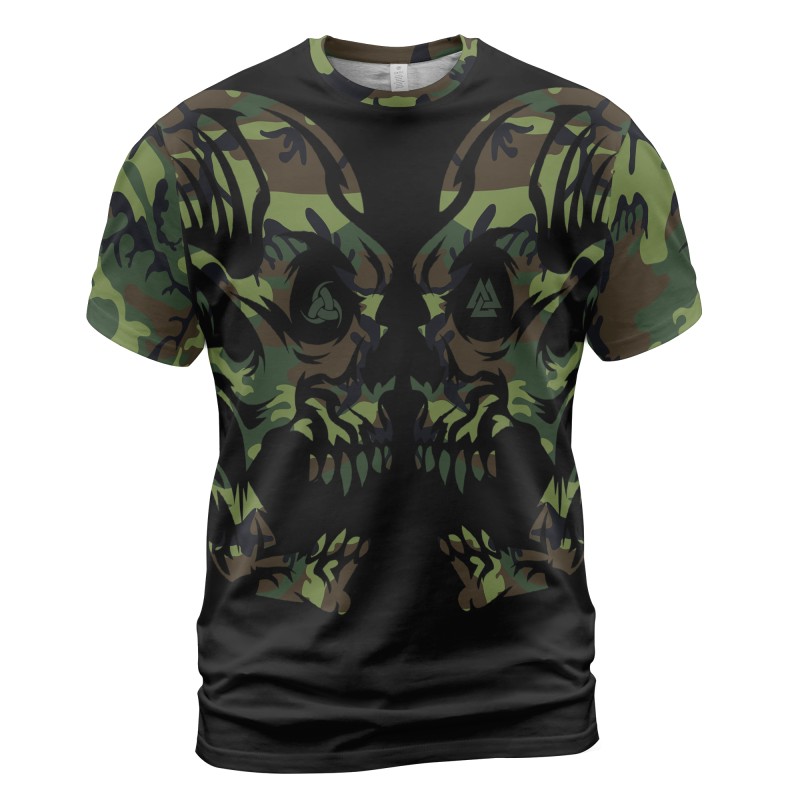 Viking T-shirt Skull Camo Valknut And Triple Horn Of Odin Front