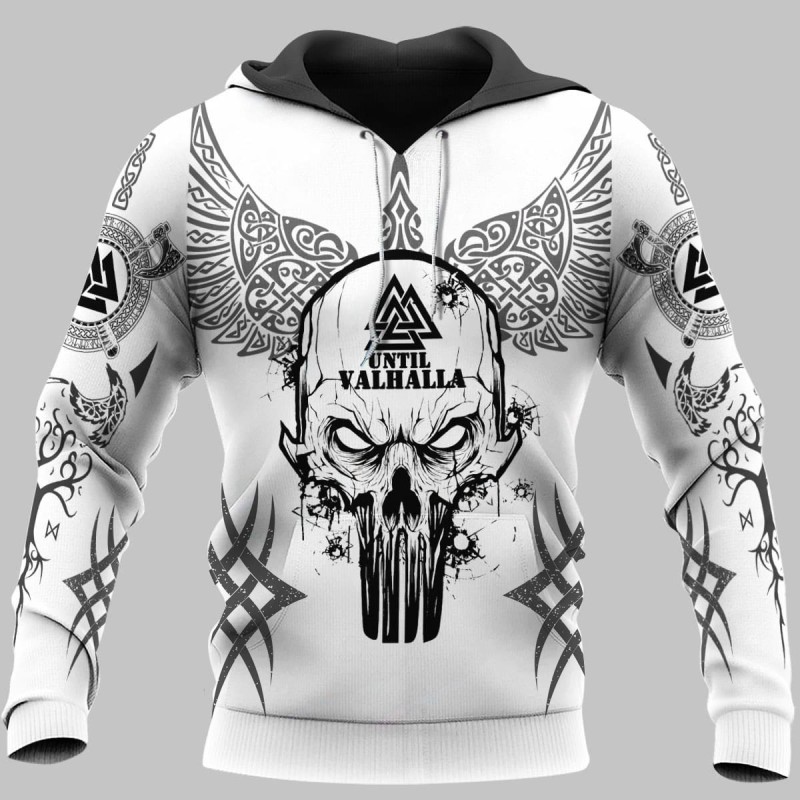 Viking Hoodie Skull Until Valhalla Vegvisir Shield Front