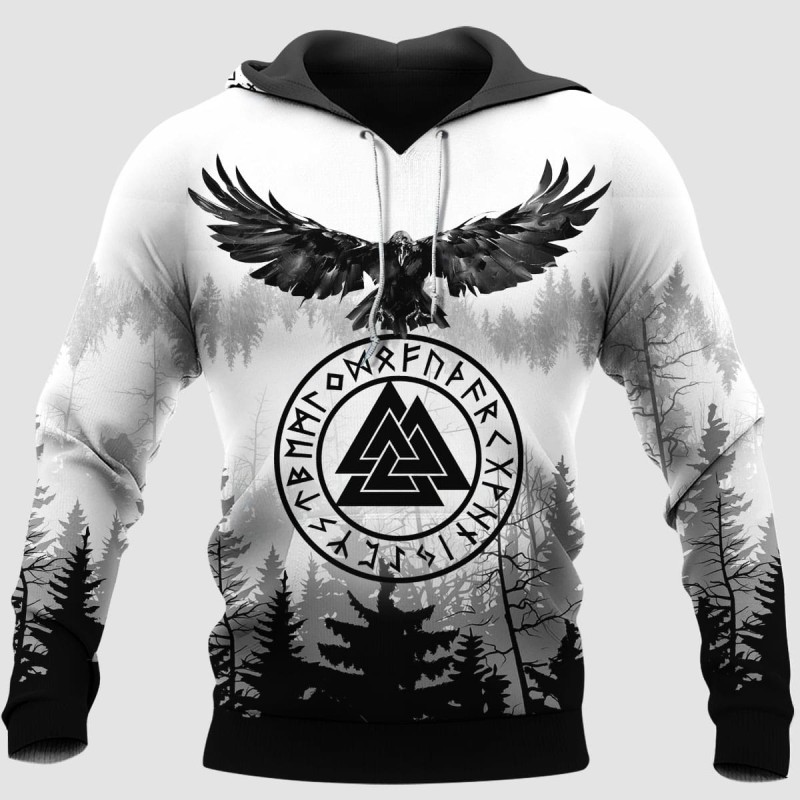 Viking Hoodie Raven Valknut Triple Horn of Odin Front