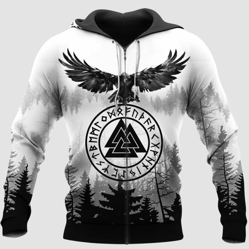 Viking Hoodie Raven Valknut Triple Horn of Odin Zip