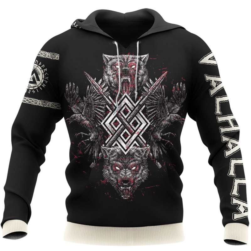 Viking Hoodie Wolf And Raven Valhalla Front