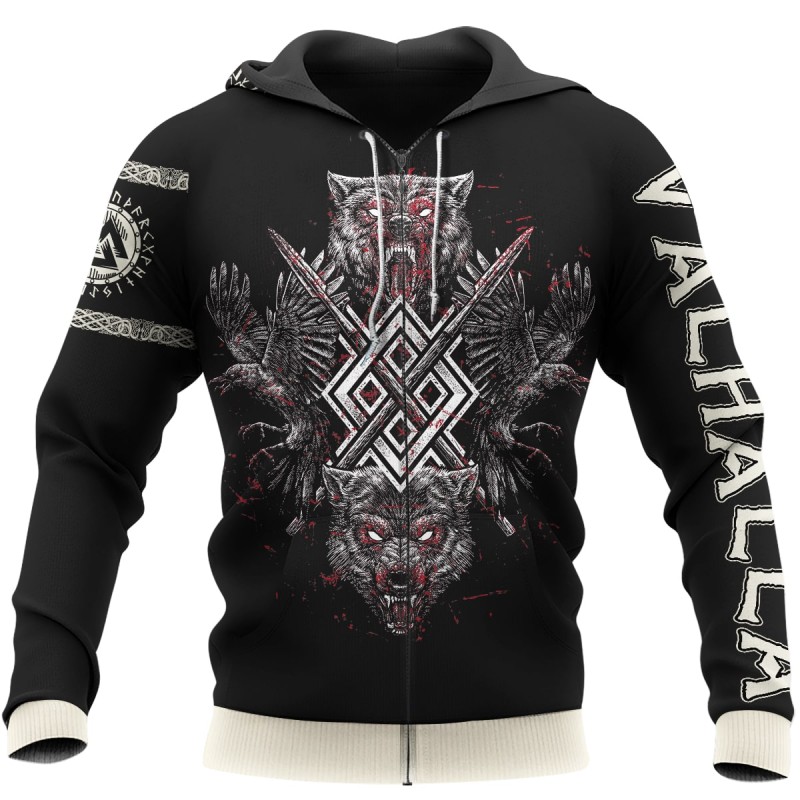 Viking Hoodie Wolf And Raven Valhalla Zip