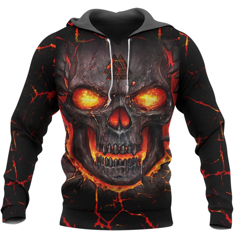 Viking Hoodie Flaming Occult Skull Valknut Front