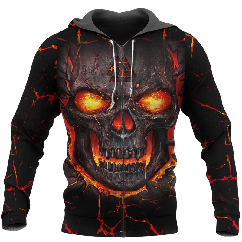 Viking Hoodie Flaming Occult Skull Valknut Zip