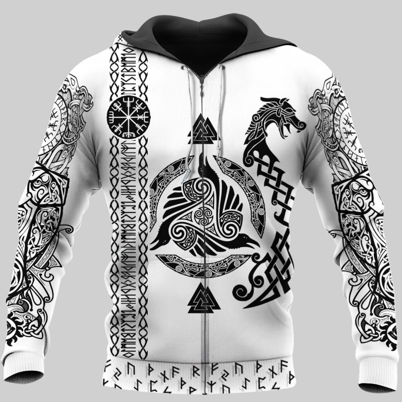 Viking Hoodie Norse Wolf Raven Ship Rune Zip